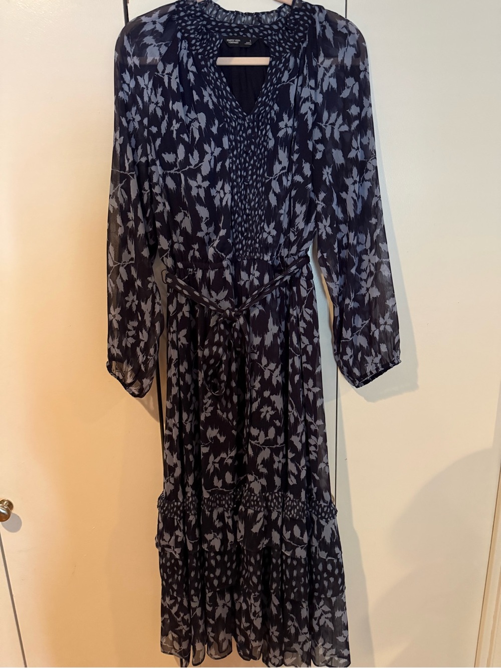 Simply Vera Vera Wang Navy and Light Blue Printed Long Sleeve Maxi Dress